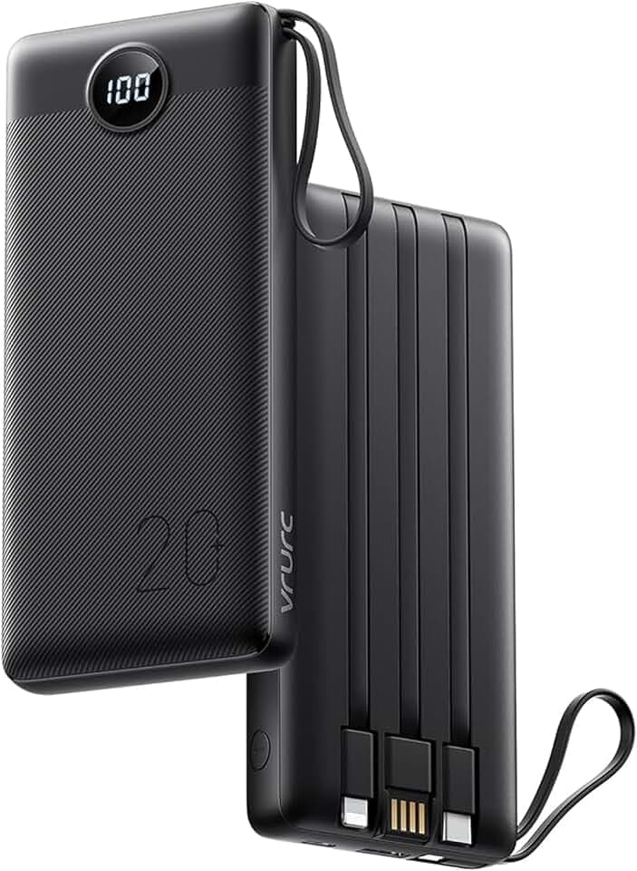 VRURC Powerbank 20000mAh mit Kabel USB C Power Bank Schnelles Aufladen 22.5W Tragbares Ladegerät Fast Charging mit LED Display Externer Handyakkus Kompatibel mit iPhone, Huawei, Samsung usw