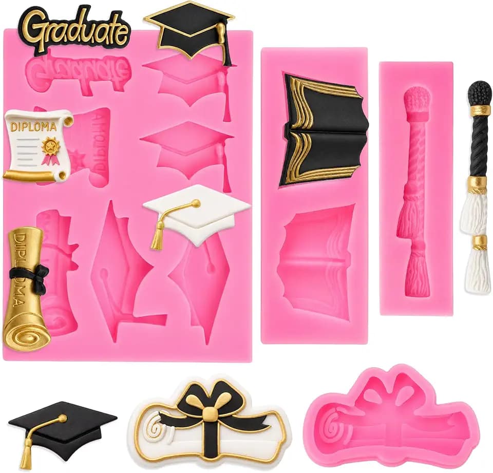 Graduation Silicone Molds, Graduation Chocolate Molds, Pink Silicone Grad Cap Honor Cords Diploma Scroll Fondant Mold Congrat Grad Candy Chocolate Mould for Graduations Party Cookie Cake Cupcake Decor