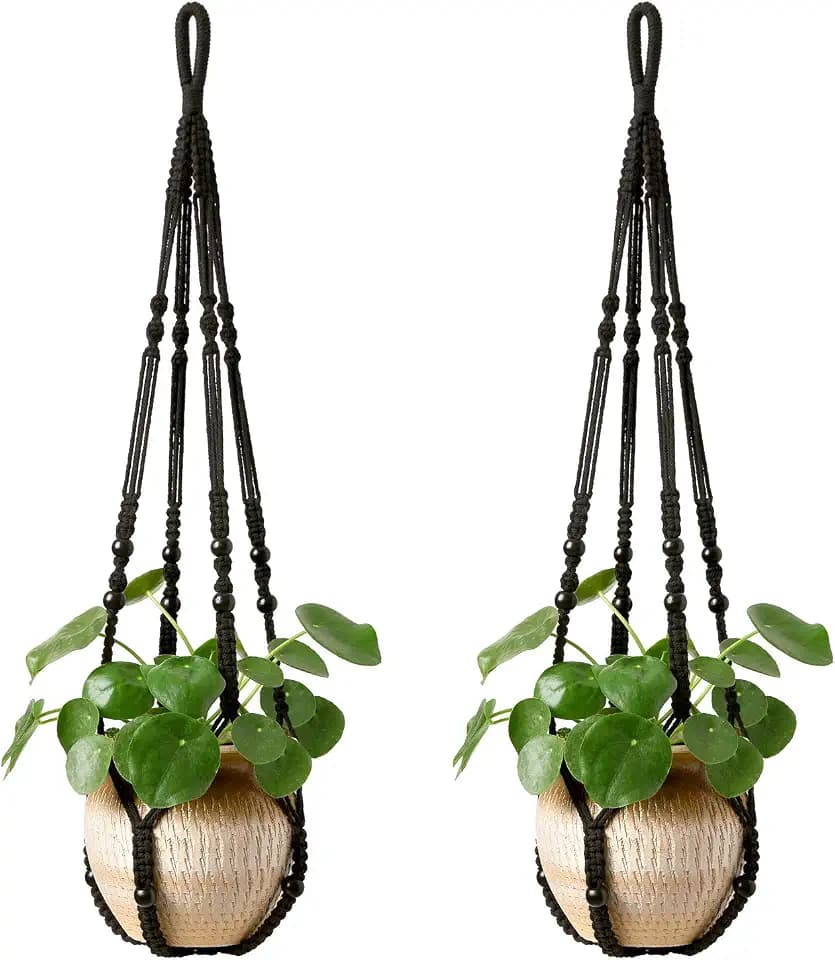 Mkono Macrame Plant Hanger Indoor 35 Inch Hanging Planter Basket Black 2Pc