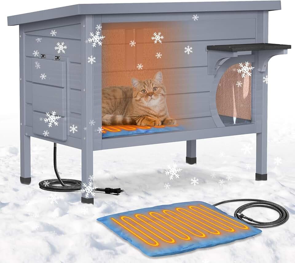 Wooden Heated Cat House for Outside Feral Cats with Escape Door