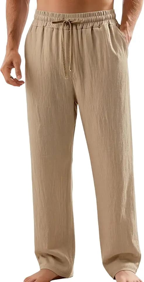 FEOYA Herren-Leinenhose mit Kordelzug, Sommer, Yoga, Strand, lockere Hose, elastische Taille, lässige Baggy-Hose mit Taschen