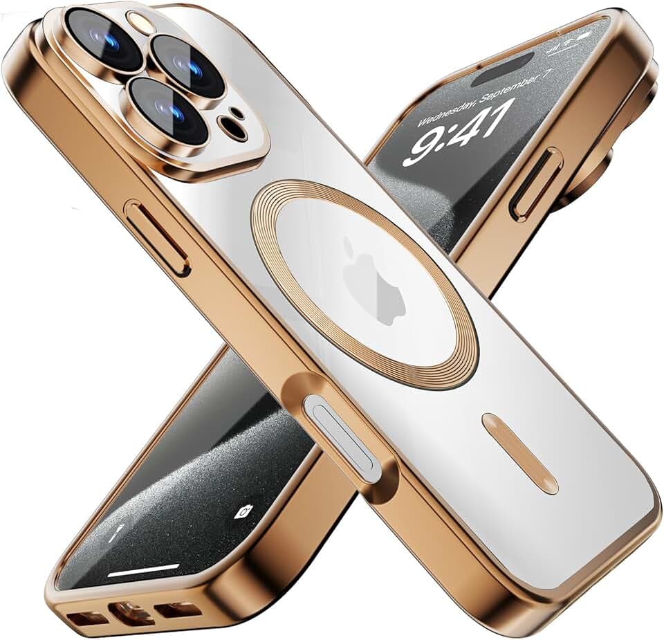 Misscase für iPhone 15 Pro Max Hülle 6.7 Zoll, Farbe Elektroplattiert Rahmen Transparente Rückseite magnetisches TPU Handyhülle Kompatibel mit MagSafe, Militärnorm Schutz, Kratzfeste Stoßfest -Golden