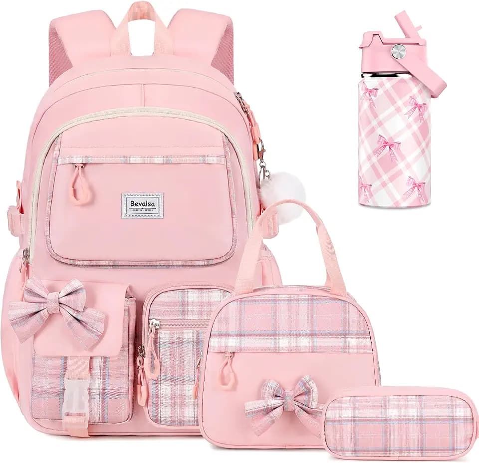 Bevalsa Backpack for Girls with 14oz Water Bottle, Lunch Bag & Pencil Case