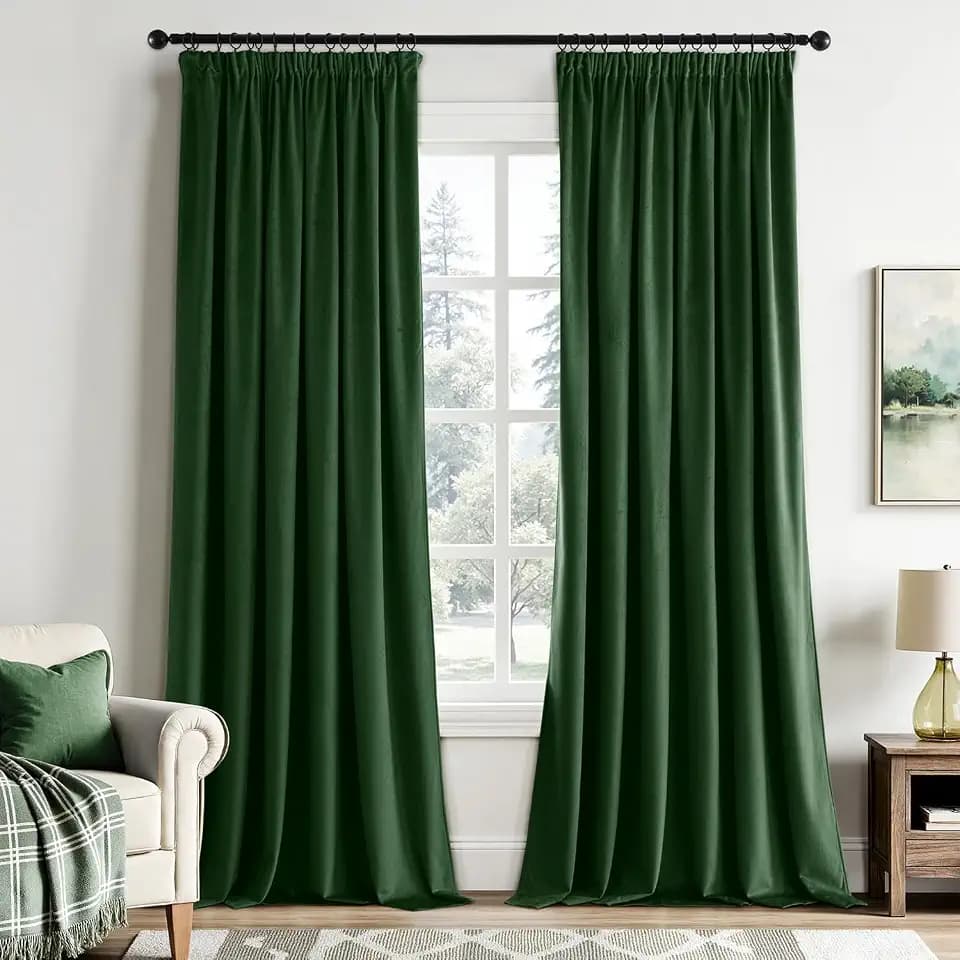 EMEMA Blickdichte Samt Vorhänge mit Kräuselband Dunkelgrün 2er H280xB140cm