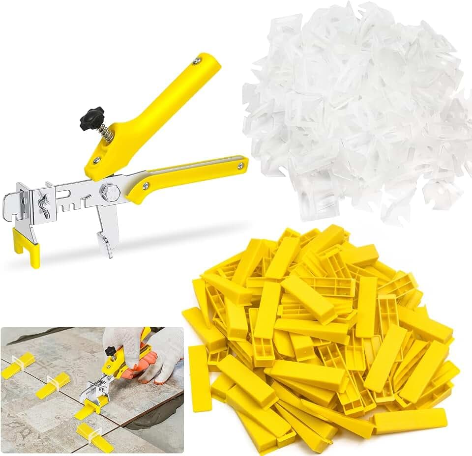 Tile Leveling System 1/8”Kit, 600pcs Tile Leveler Spacers Clips+200pcs Reusable Wedges+1pc Tile Pliers for Wall/Floor Tile Adjustment, Tile Leveler Tool Set for Tile & Stone Installation(1/8",Yellow)