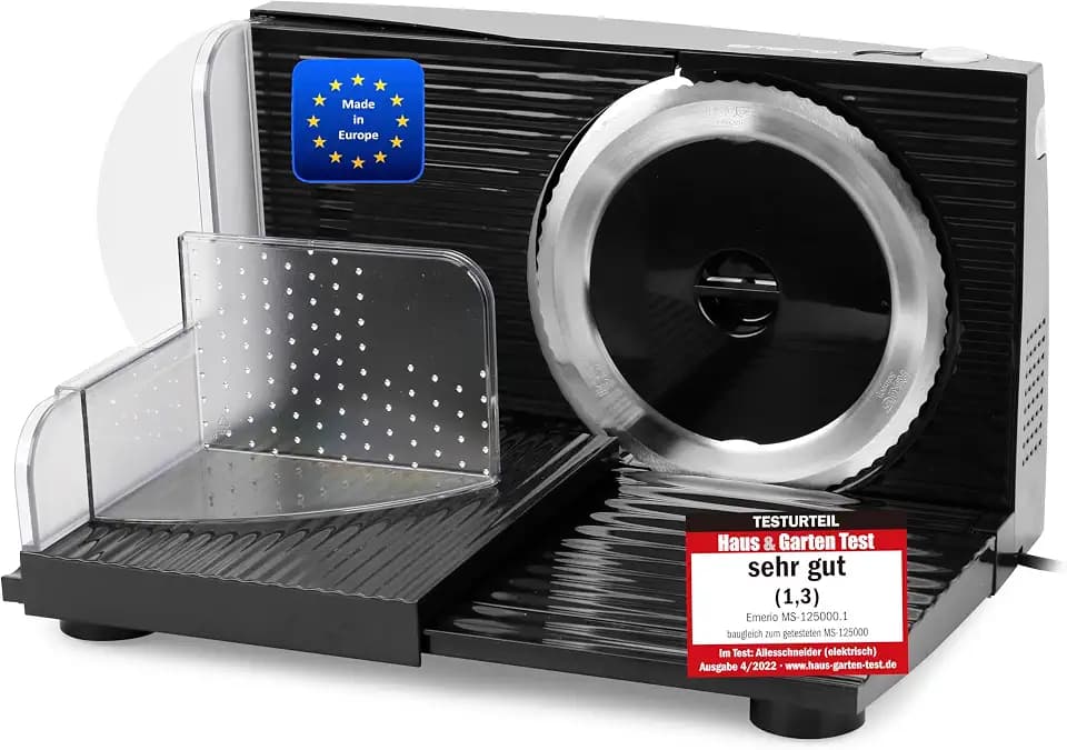 EMERIO Allesschneider Brotschneidemaschine MADE IN EU mit Edelstahlmesser | einstellbar 0-17mm | platzsparend klappbar | Sicherheitsschalter | 100W | ideal für Brot, Wurst, Käse & Gemüse | MS-125000.1
