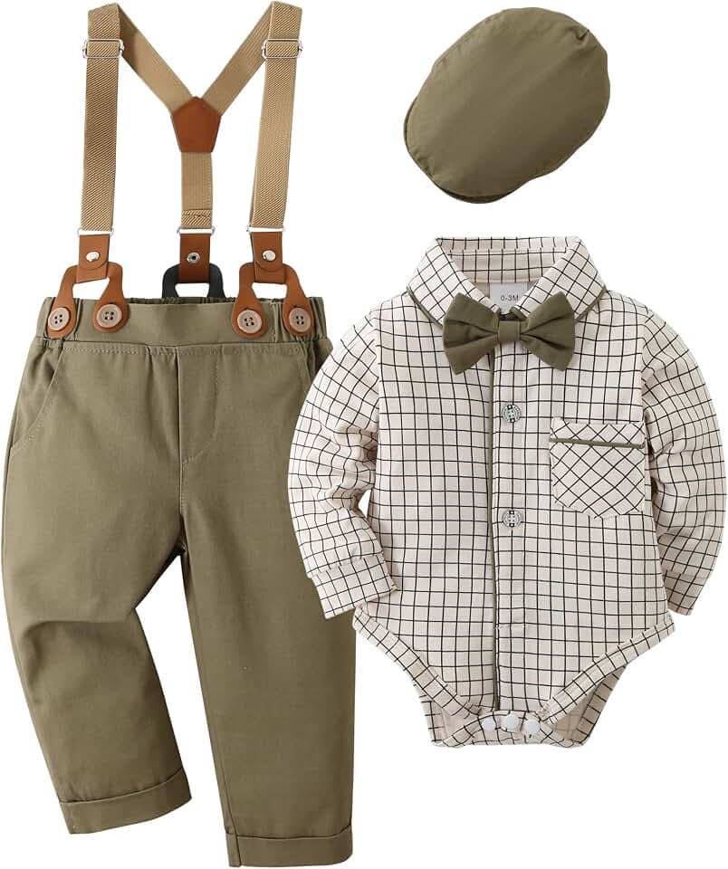 Baby Jungen Anzug Bekleidungssets, 0-18 Monate 4tlg Hochzeit Festliche Taufanzug Strampler mit Fliege+ Langarm Hemd + Hosenträger Hosen