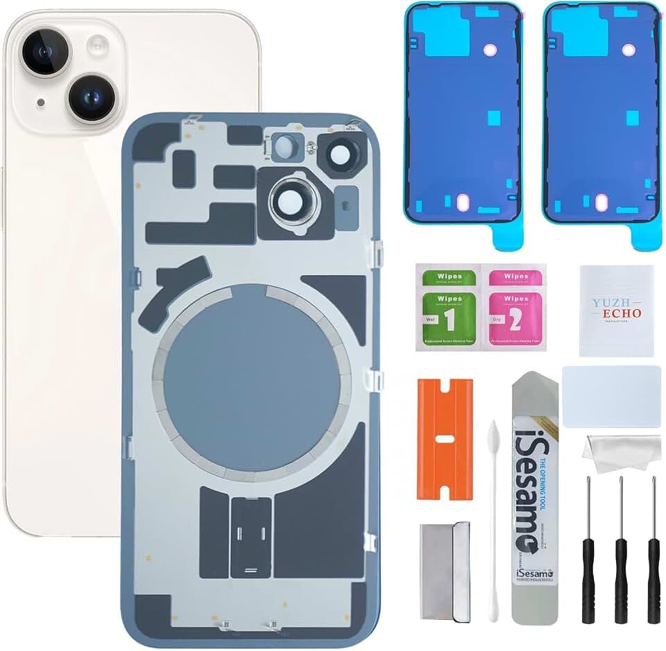 Back Glass Replacement for iPhone 14 (6.1 inches,Starlight) Integrated Glass & Magnet & Metal Phase Ring Repair Tools are Included