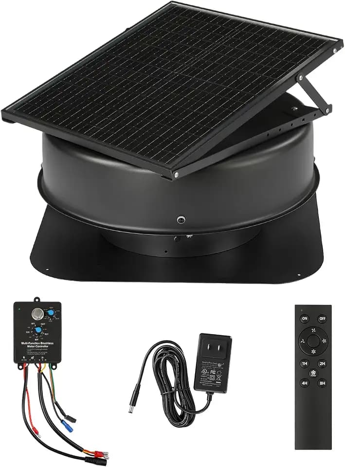 Solar Attic Fan 50W, 2500 CFM Powerful Airflow for 1000 sq. ft, Brushless Motor with Smart Thermostat/Humidity/Smoke Sensor,4-Speed Remote Control, Solar Roof Vent Fan for Attic Garage Warehouse