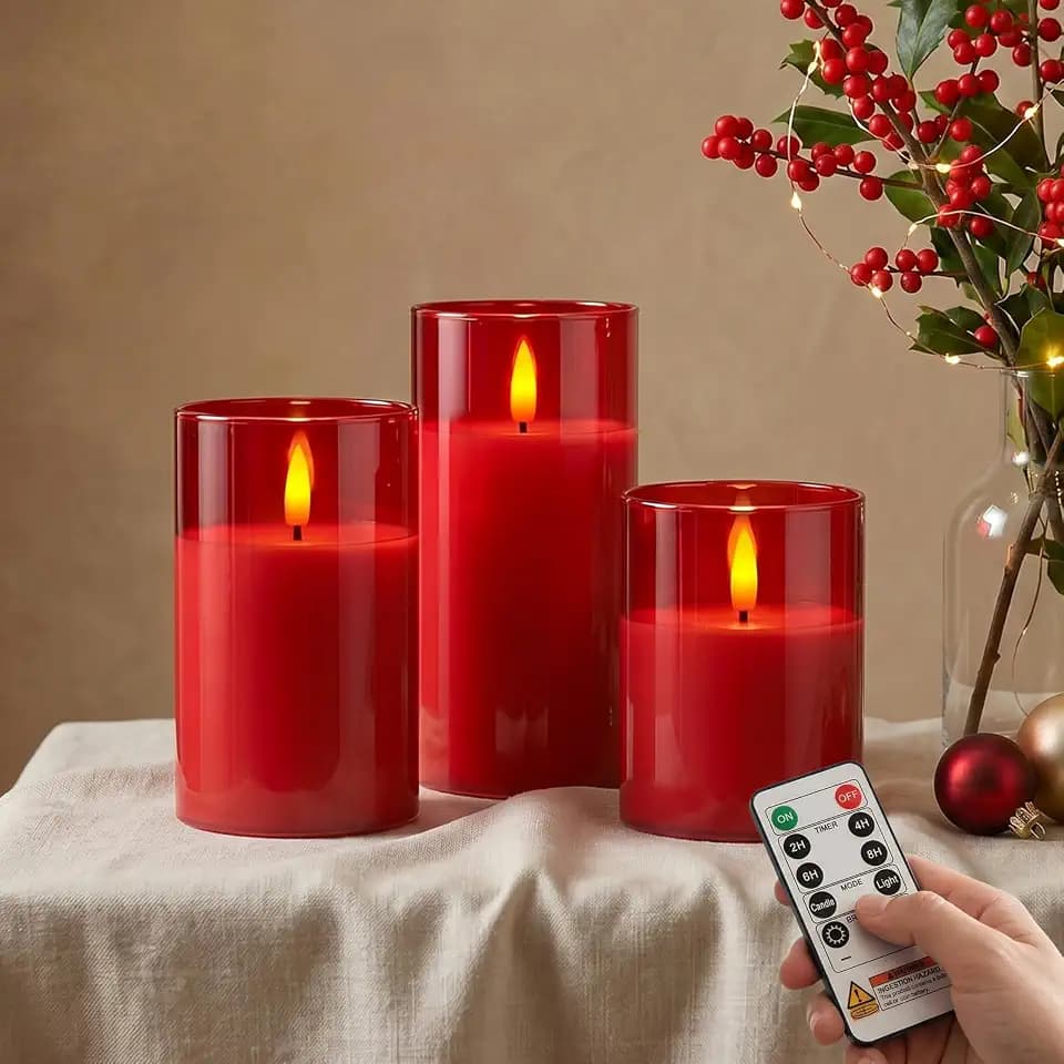 Amagic Red Glass Flameless LED Candles Battery Operated with Remote Timer