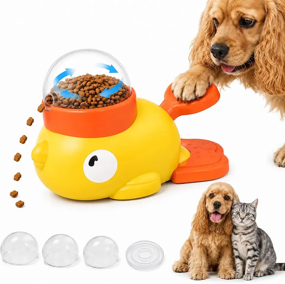 Interactive Dog Puzzle Toy, Cute Duck Treat Dispenser with Anti-Slip Pad, Press-Type Slow Feeder for IQ Training & Boredom Relief, Mental Enrichment for Small Medium Dogs & Cats (Yellow)