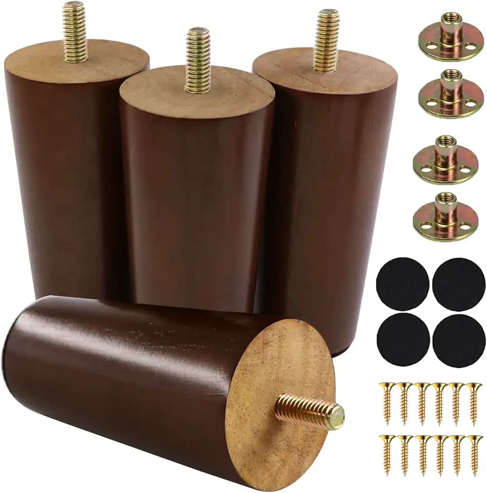 Yaliuliu 4 Inches Round Solid Wood Furniture Legs Set of 4, Brown Wooden Replacement Feet with Threaded 5/16'' Hanger Bolts for Sofa, Couch, Armchair, Cabinet, TV Stand, Ottoman and Dresser