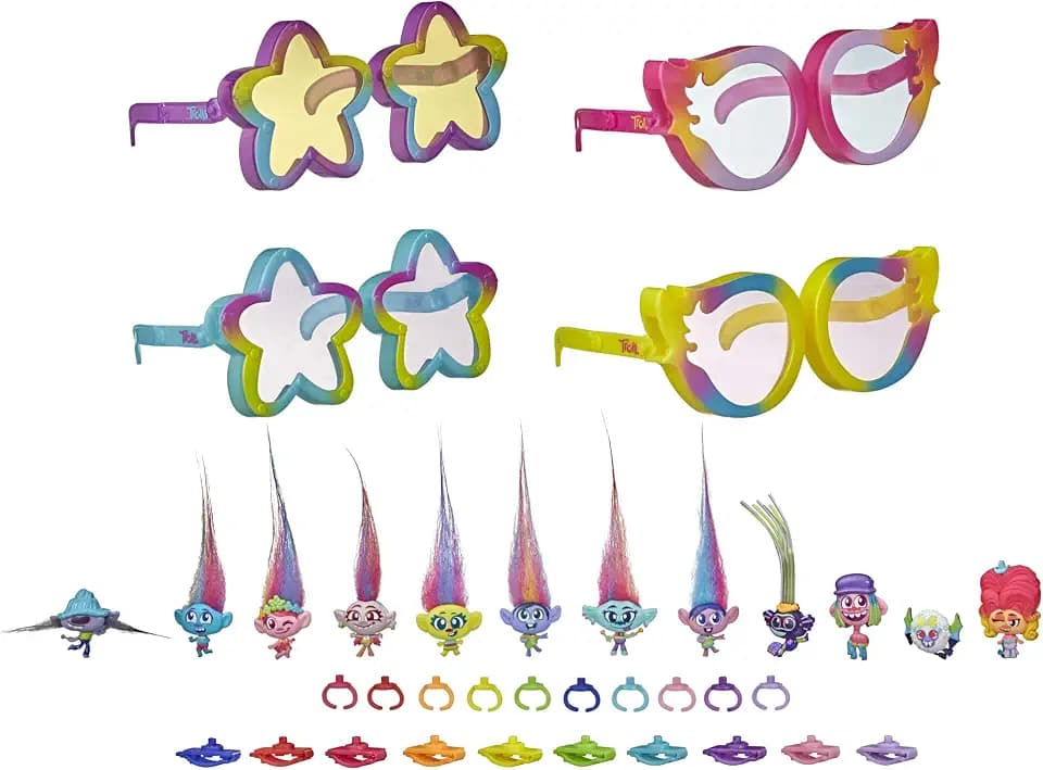 DreamWorks Trolls World Tour Tiny Dancers Rainbow Edition Pack with 12 Tiny Dancers Figures, 4 Sunglasses, 10 Small Rings, 10 Barrettes, Toy for Kids 4 and Up