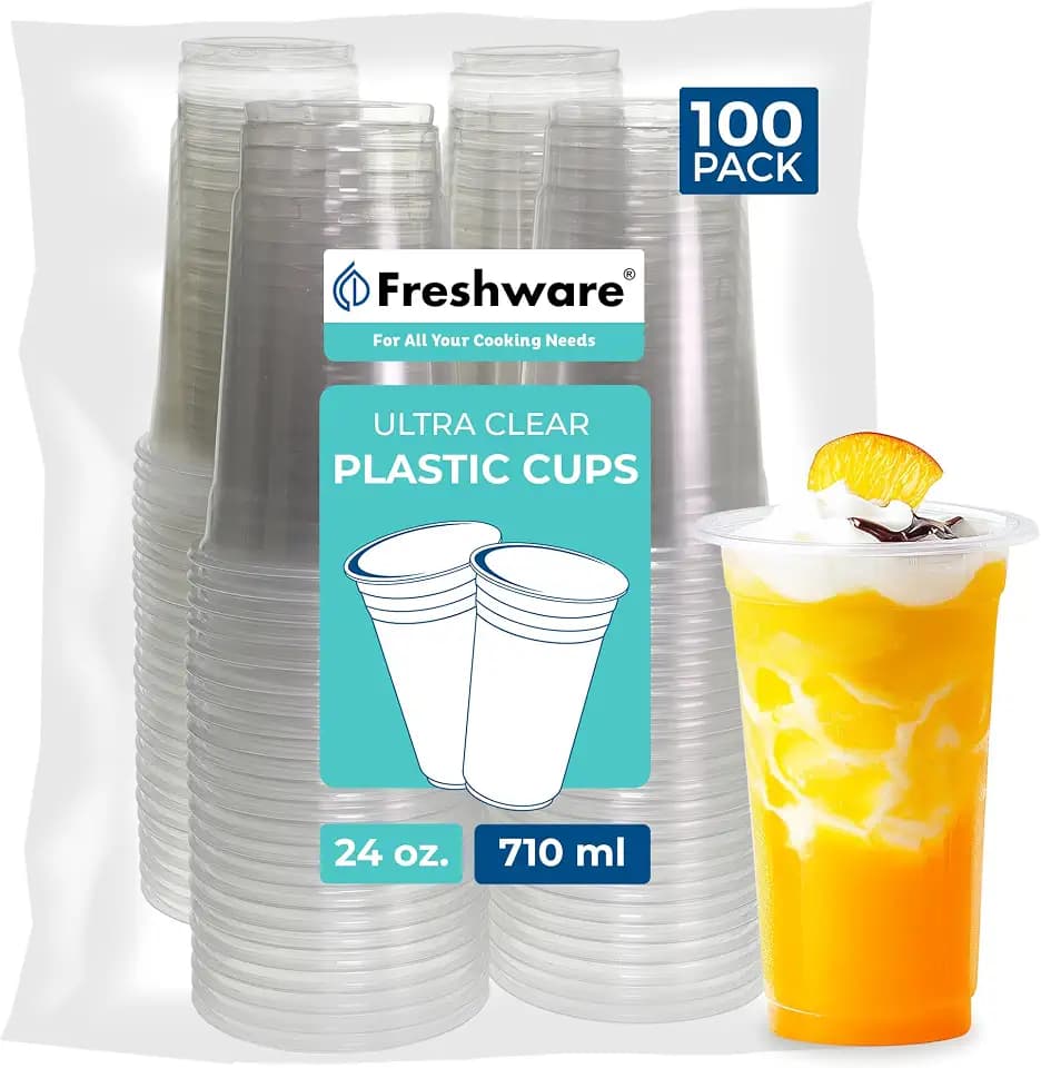 Freshware Clear Plastic Cups [100 Pack - 24 oz] Disposable Cups for Iced Coffee, Smoothie, Milkshake, Cold Drinks