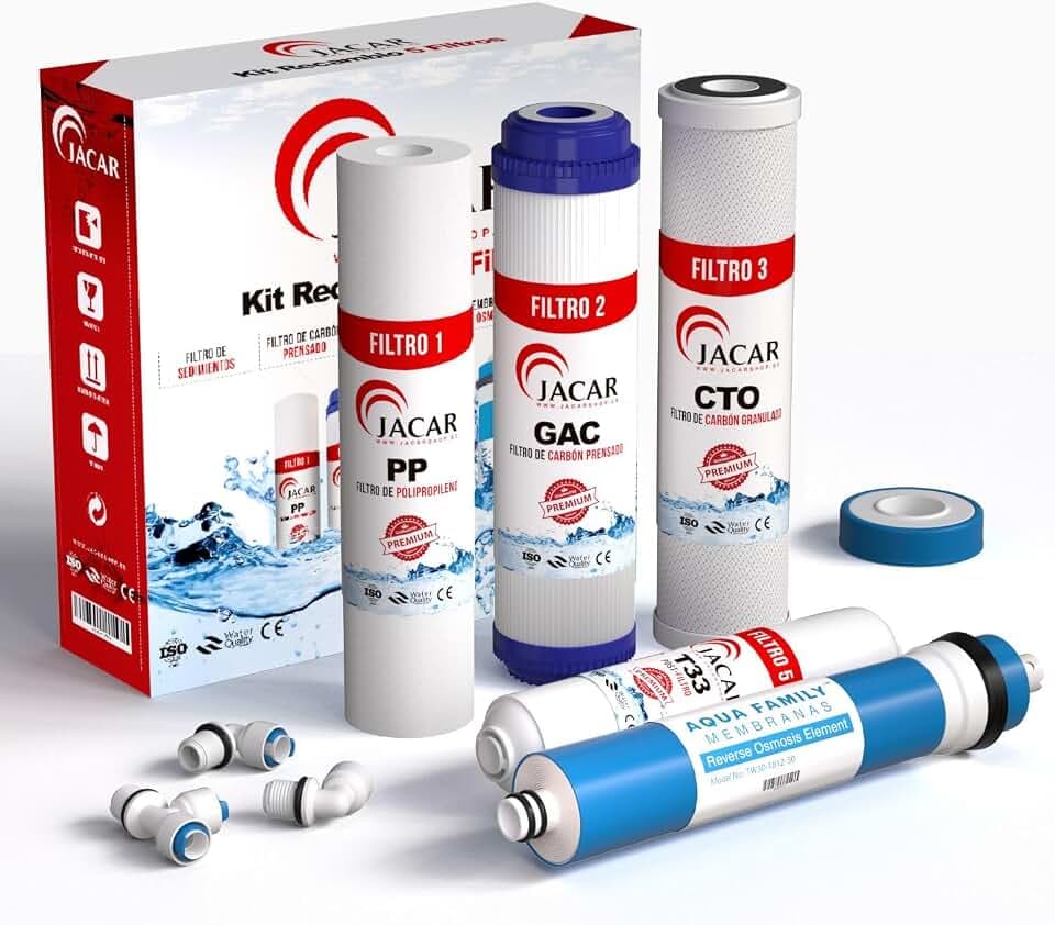 5 Stufen Umkehrosmose Filter Set mit 50 GPD Membran Osmoseanlage Filter Ersatzfilter Kompatibel 99% Systeme Osmose 10 Zoll Wasserfilter Effektive Filterleistung kokosnuss Qualität von JACAR