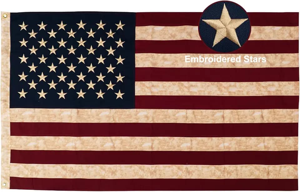 TOPFLAGS American Flag Cotton Tea Stained Vintage US Flags 3x5 Ft Embroidered Stars - Sewn Stripes Heavy Duty USA Flag Indoor Outdoor Outside Brass Grommets
