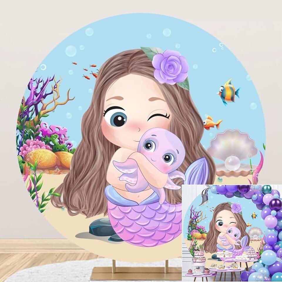 Yeele 6.5ft Little Mermaid Round Backdrop Cover Cartoon Under The Sea Mermaid with Octopus Circle Background Kids Girl Birthday Baby Shower Cake Table Decoration Banner