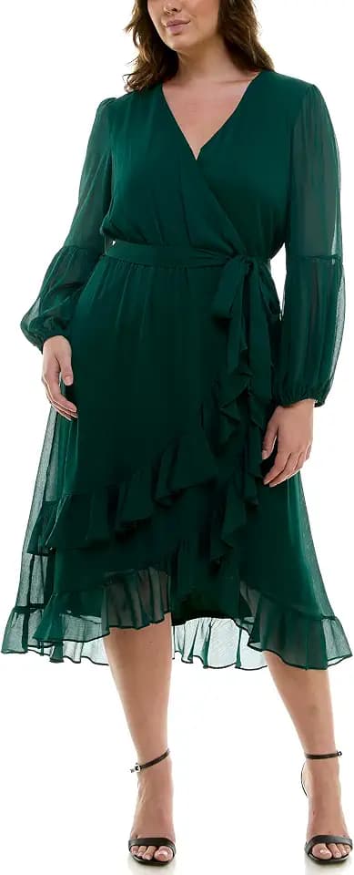 Maison Tara Women's Long Sleeve V-Neck Chiffon Faux Wrap Ruffle Hem Midi Dress