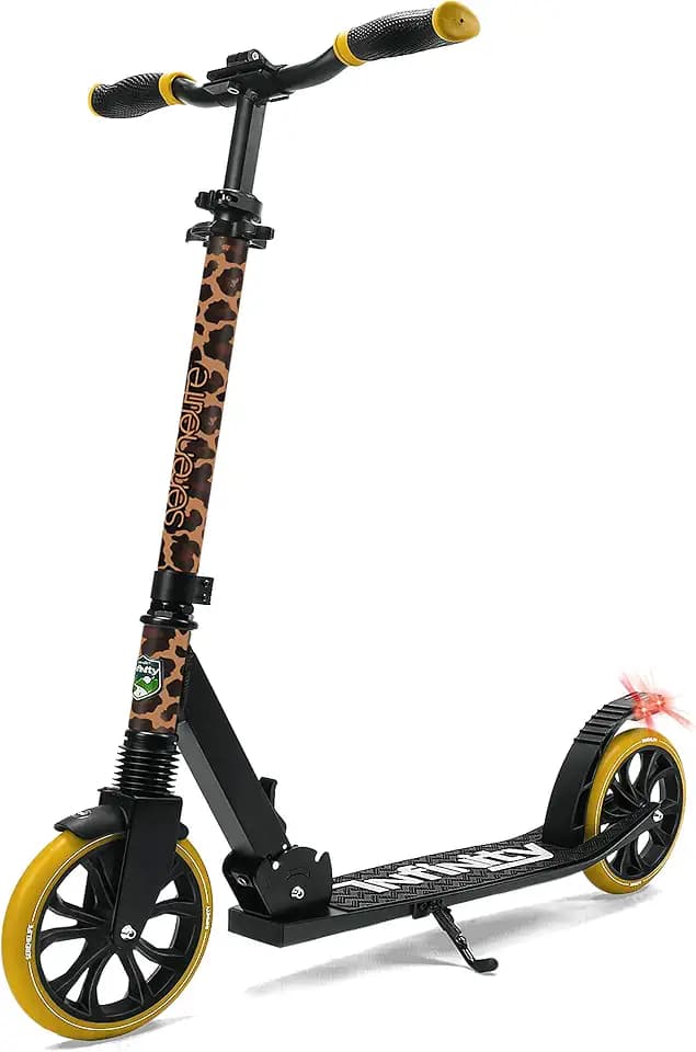 SereneLife Lightweight and Foldable Kick Scooter - Comfortable T-Bar Handlebar, Adjustable Scooter for Teens and Adult, Alloy Deck with High Impact Wheels, Durable ABEC-7 Bearings, (Leopard)