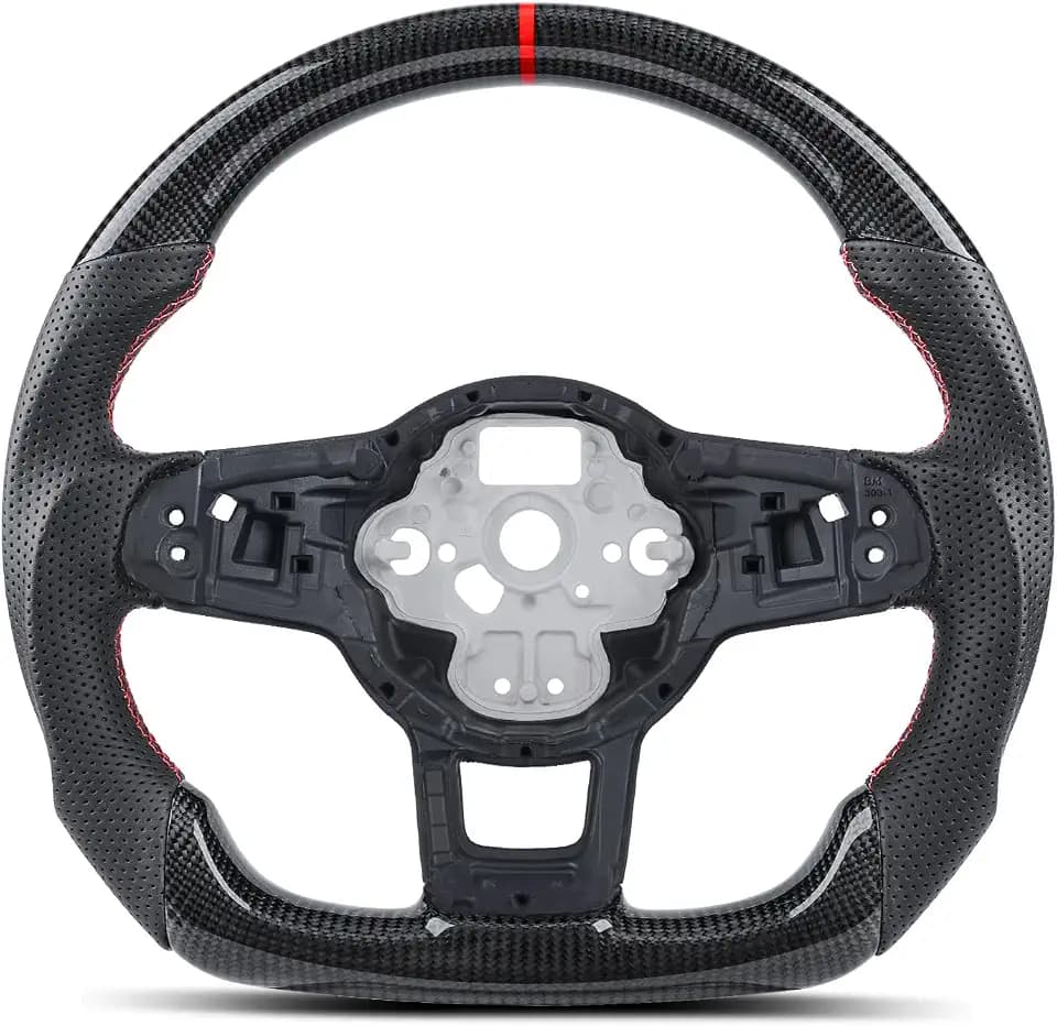 Real Carbon Fiber Steering Wheel for Volkswagen VW Golf GTI R-LINE MK7 MK7.5 2015-2021, Jetta GLI 16-21, Track Style Red Stitching Flat Bottom Sport Grip Replacement, Compatible with Auto & Manual