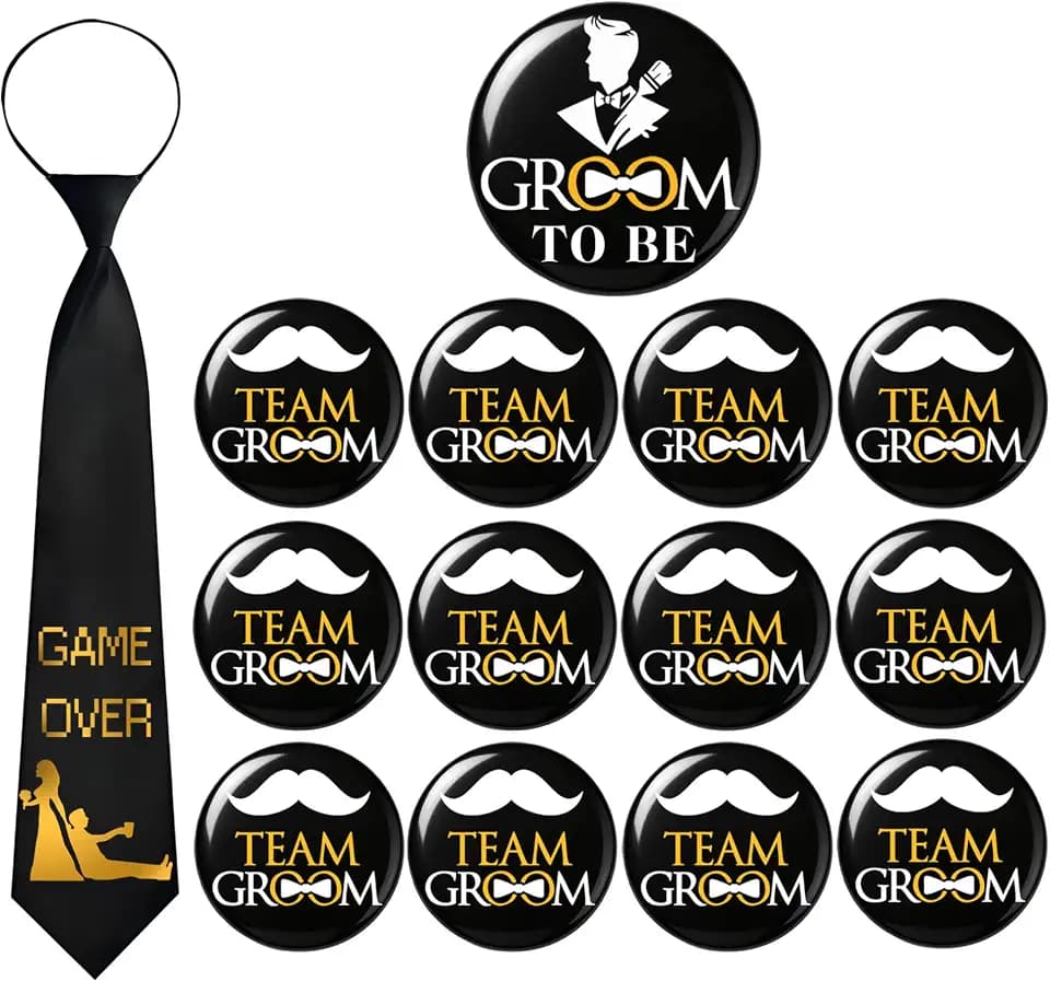 Toctax JGA Krawatte mit 13 Buttons Set – Groom to Be & Team Groom Badges für Junggesellenabschied Männer, Bachelor Party Deko, Zubehör für Bräutigam und Trauzeugen