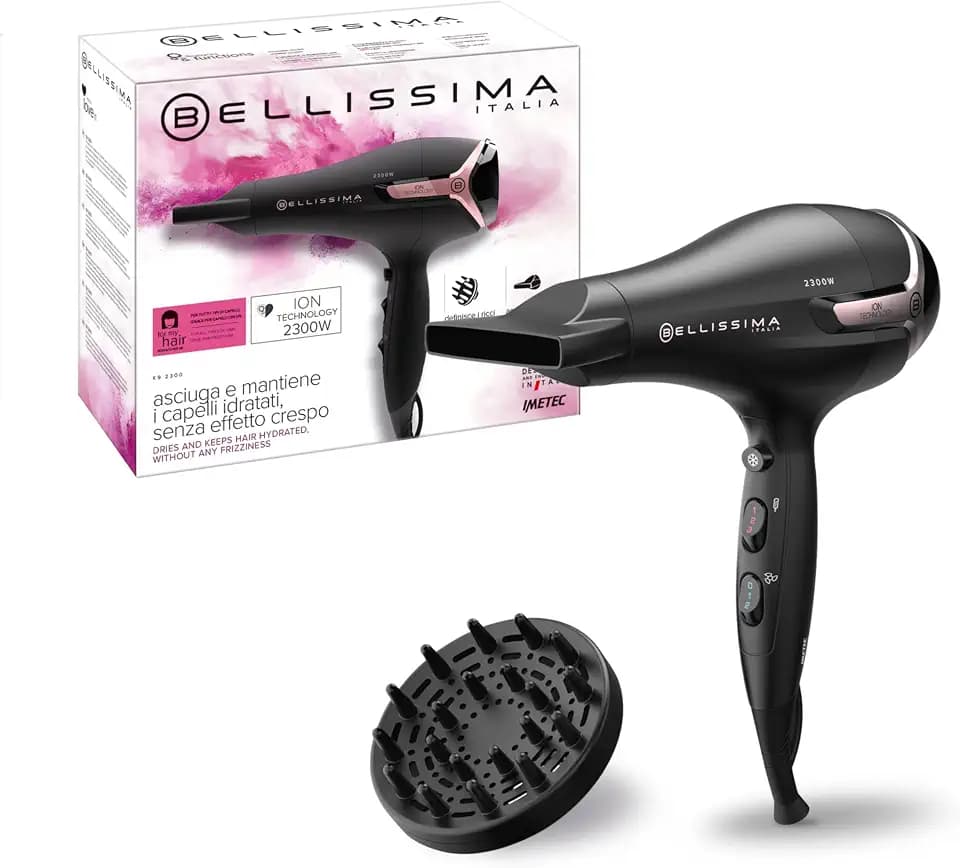 Bellissima Haartrockner K9 2300 hält das Haar mit Feuchtigkeit ohne Friseffekt, 2300 W, Ionen-Technologie, 8 Kombinationen Luftstrom, Lockenstab