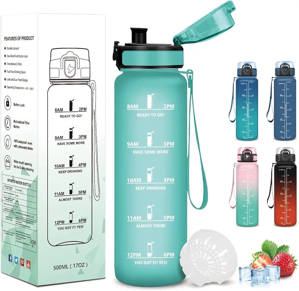 Trinkflasche 500ml, Trinkflasche Kinder mit Filter und Schnürung, Sichere Verriegelung, Auslaufsichere Wasserflasche, Flasche mit Zeitmarkierung für Wandern, Kinder, Yoga