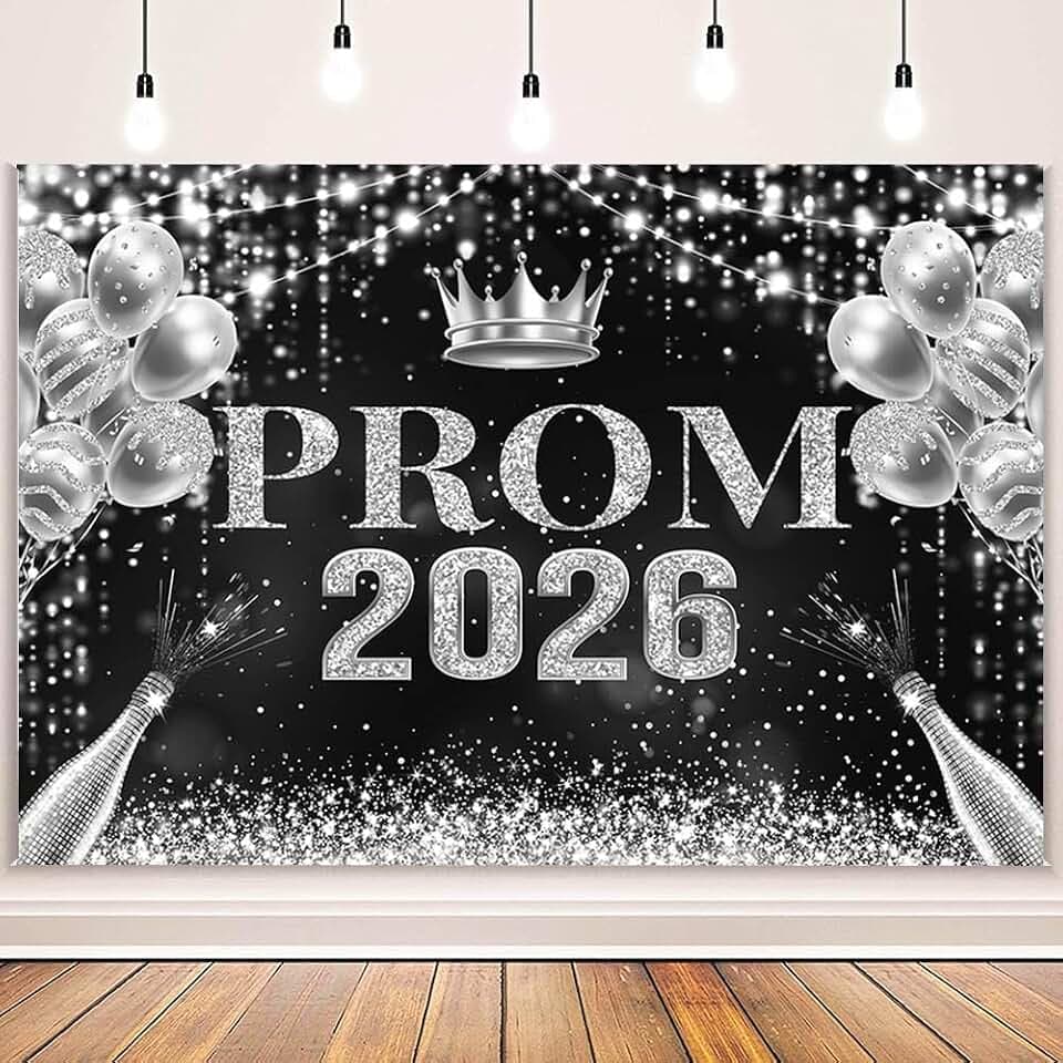 MEHOFOND 7x5ft Prom Decorations Backdrop Black Silver Prom 2026 Congrats Grad Photography Background Graduation Party Decor Celebration Background Indoor Outdoor Banner Photo Booth Props Supplies