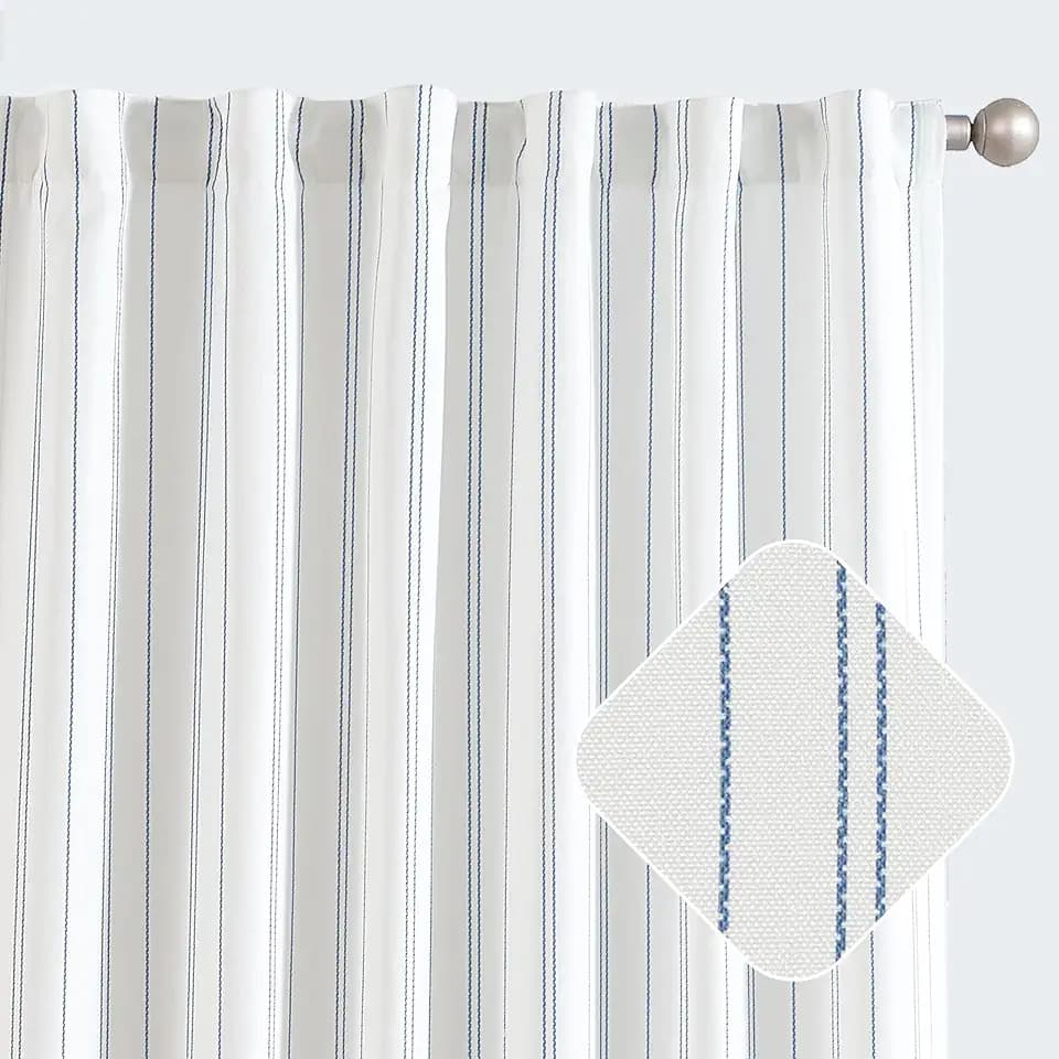 jinchan White Curtains 96 Inch Blue Striped Drapes Back Tab 2 Panels Set