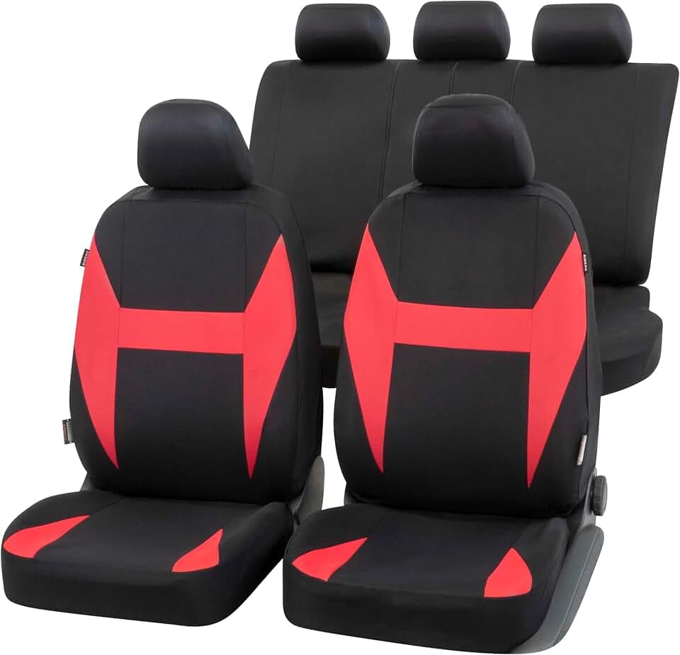 Walser Auto-Sitzbezug Caledon Komplettset, Universal PKW-Sitzbezüge 4-teilig, Auto-Schonbezüge, 2 Vordersitzbezüge, 1 Rücksitzbezug schwarz-rot