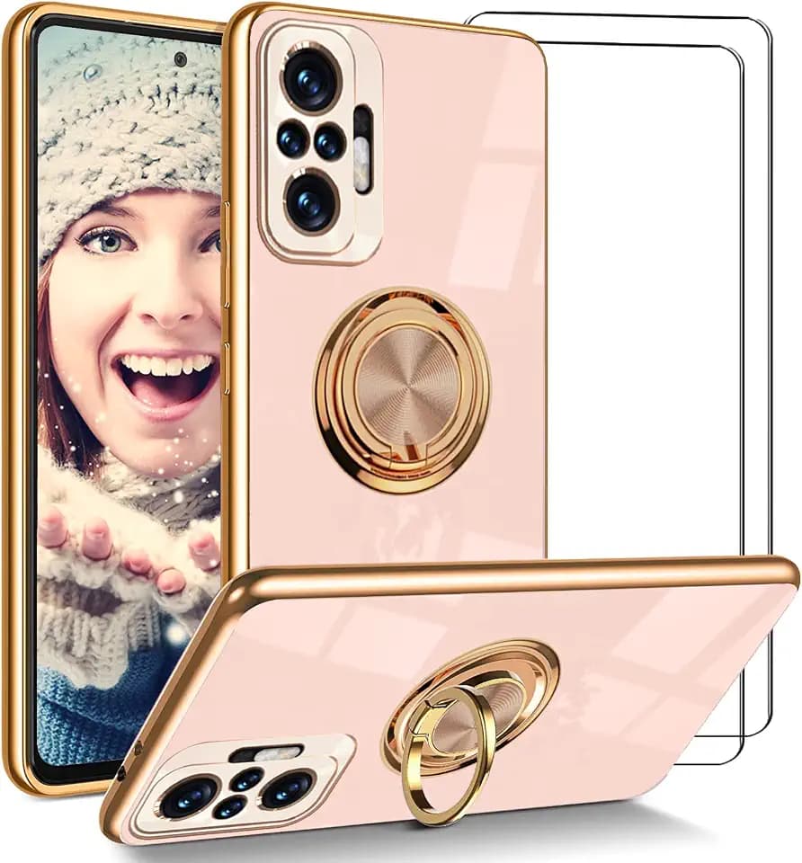 Handyhülle für Xiaomi Redmi Note 10 Pro/Note 10 Pro Max Hülle mit 2 Stück Schutzfolie, 360° Rotating Ständer Magnet Autohalterungen Silicone Schutzhülle Ring Halter Case für Damen Hell-Pink