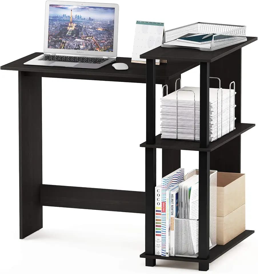Furinno Abbott 38.1 Wide L-Shaped Desk with 3-Tier Shelf, Dark Espresso