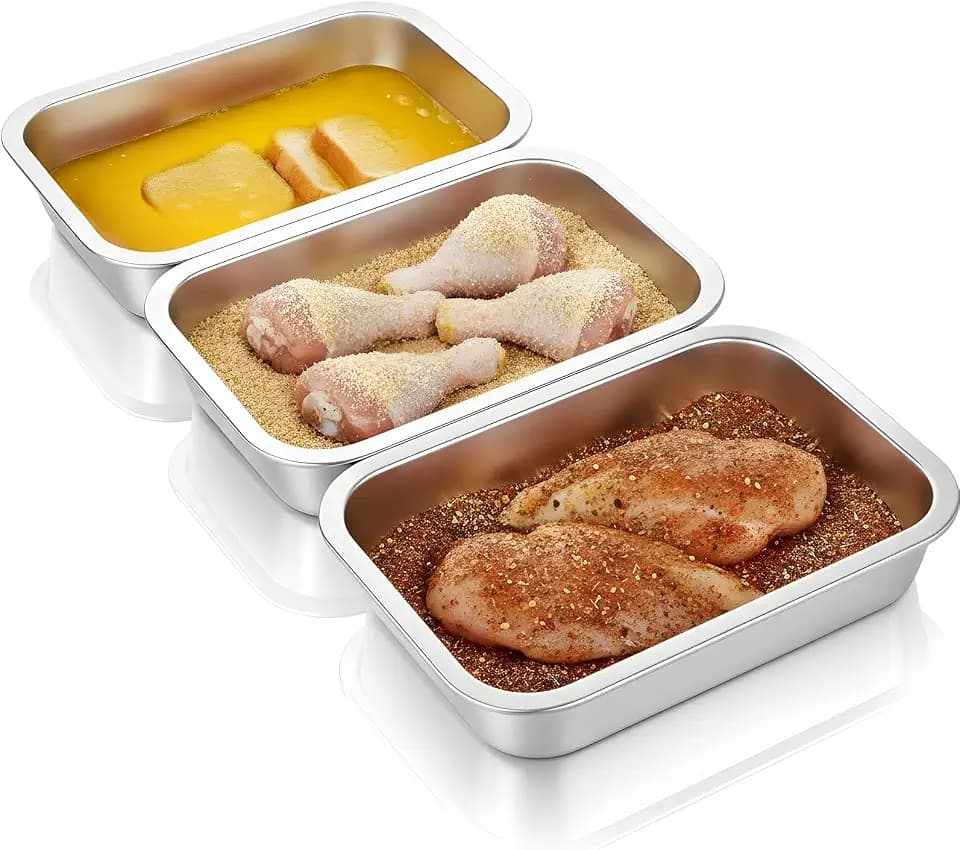 Breading Trays Set, 3 Piece Stainless Steel Breading Set Deepen Design, for Chicken Breasts, Marinating Meat and Prepping Meals | Non-Slip, Dishwasher Safe, Oven Safe (12.6" x 8.7" x 2.8")