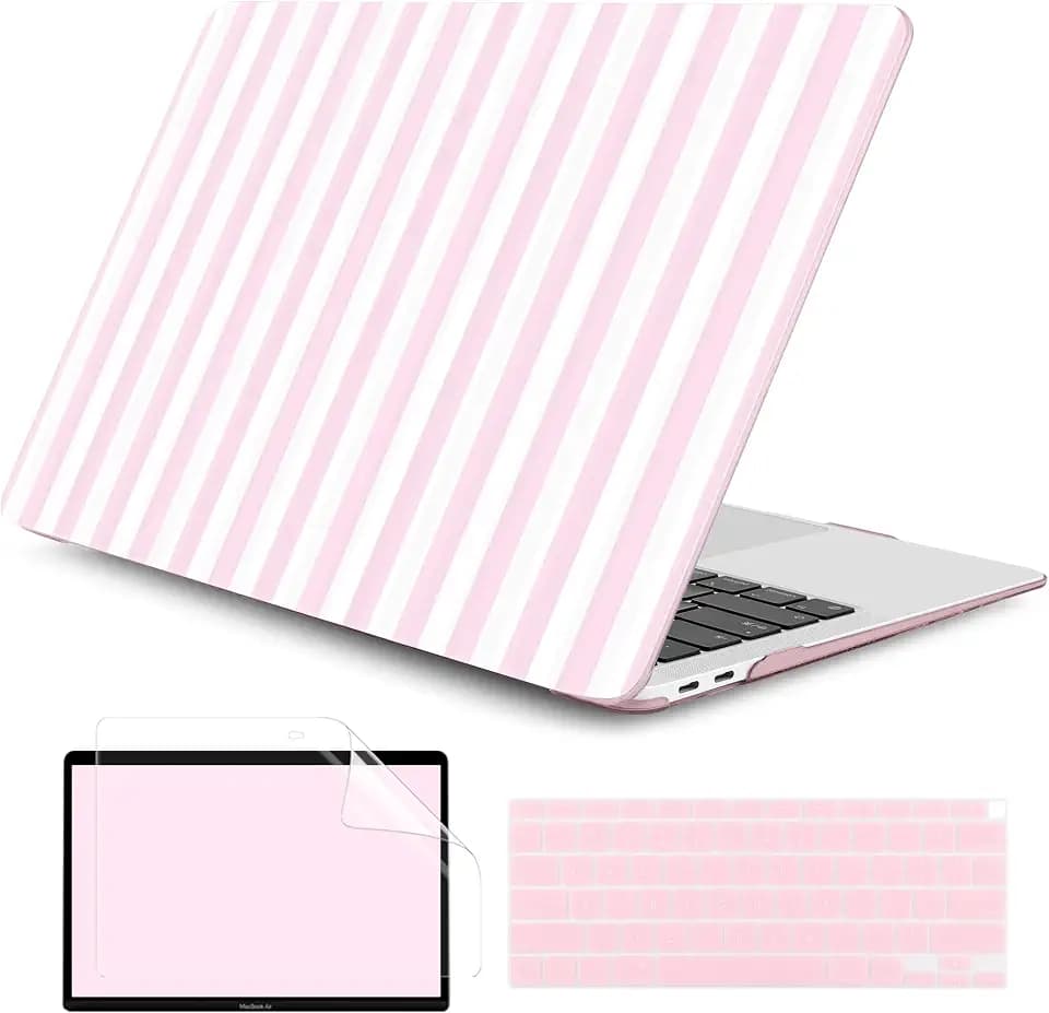 DONGKE Case for MacBook Air 13 Inch (2021-2018 Models A2337 M1/A2179/A1932), Pink & White Stripes Hard Shell Case with Keyboard Protector, Compatible with Retina Display and Touch ID