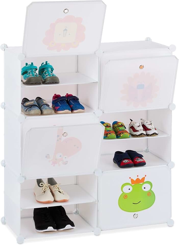 Relaxdays Schuhregal Kinder, 12 Fächer für 24 Paar, Tiermotive, weiß