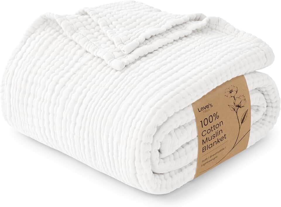 Love's cabin 100% Cotton Muslin Blanket, 6 Layer Lightweight Breathable Gauze Throw Blanket 50 x 60 Inches, Soft All Season Blanket for Couch, Bed, Sofa, White
