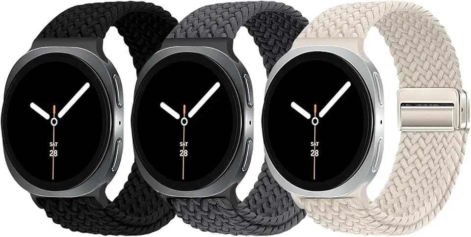 3 Pack Magnetic Braided Band for Samsung Galaxy Watch 9 8 40mm 44mm, Galaxy Watch8 Classic 46mm, One Click No Gap Elastic Stretchy Nylon Fabric Sport Strap for Women Men (Black/Gray/Star Light)