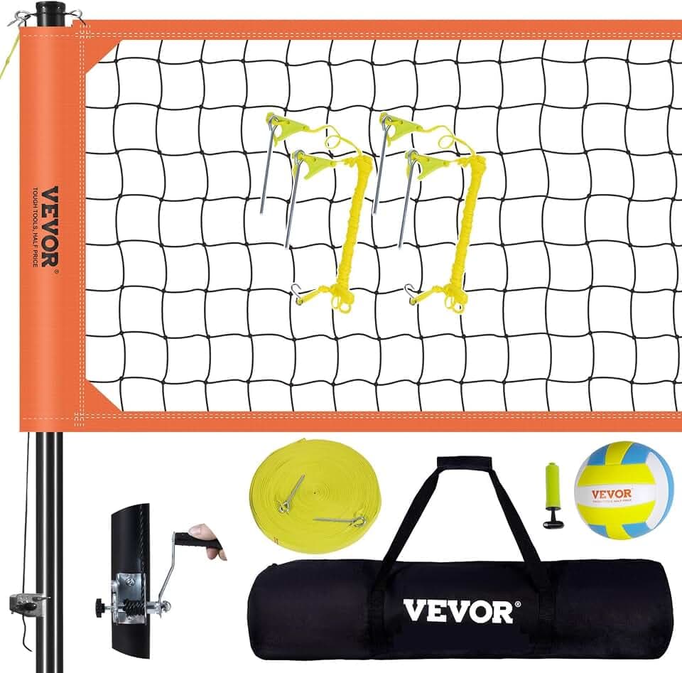 VEVOR Höhenverstellbares Volleyballnetz Set, 9,7 x 2,4 m Tragbarer Beachvolleyball-Netz, Orange Faltbar Mit Volleyball & Tragetasche, Für Garten, Strand