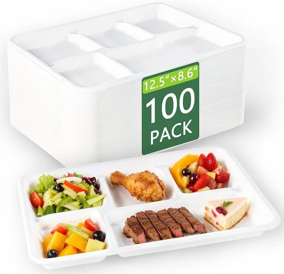 WELLIFE 5 Compartment Paper Plates Disposable 100 Pack 12.5 * 8.6 inch