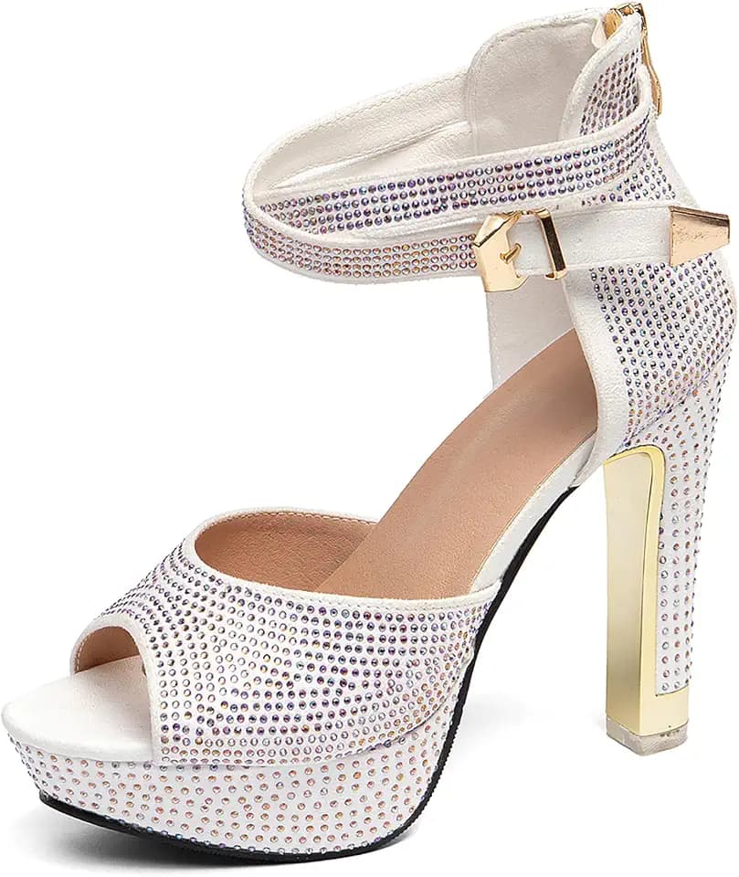 GATUXUS Women's Block High Heels Sandals with Rhinestone Open Toe Ankle Strap Platform Wedding Dressy Shoes