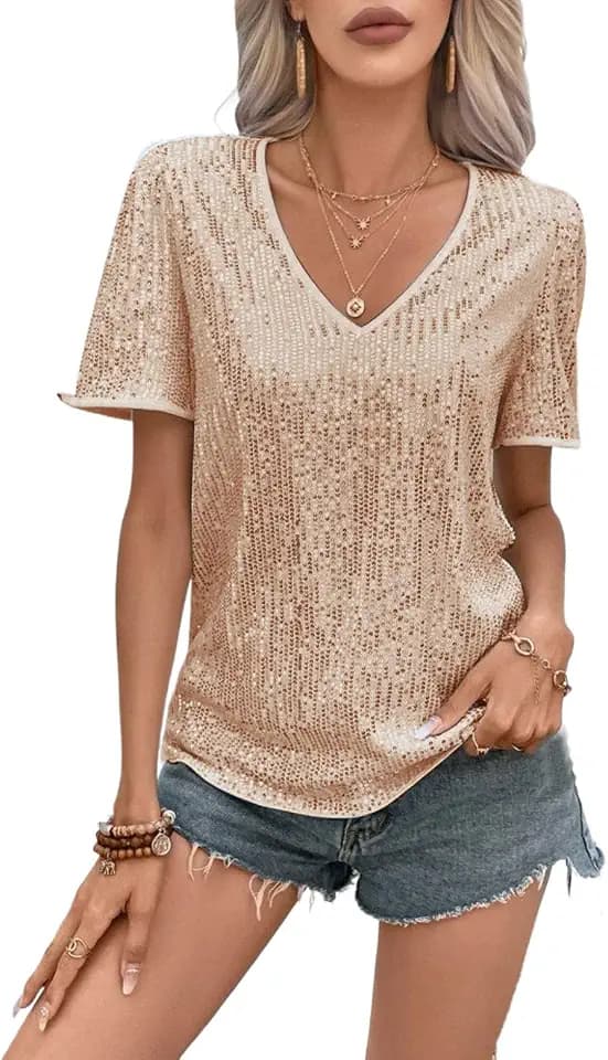 MINTLIMIT Women's Sequin Tops Short Sleeve Shimmer Glitter Top V Neck Sparkly Blouse Club Party Shirt