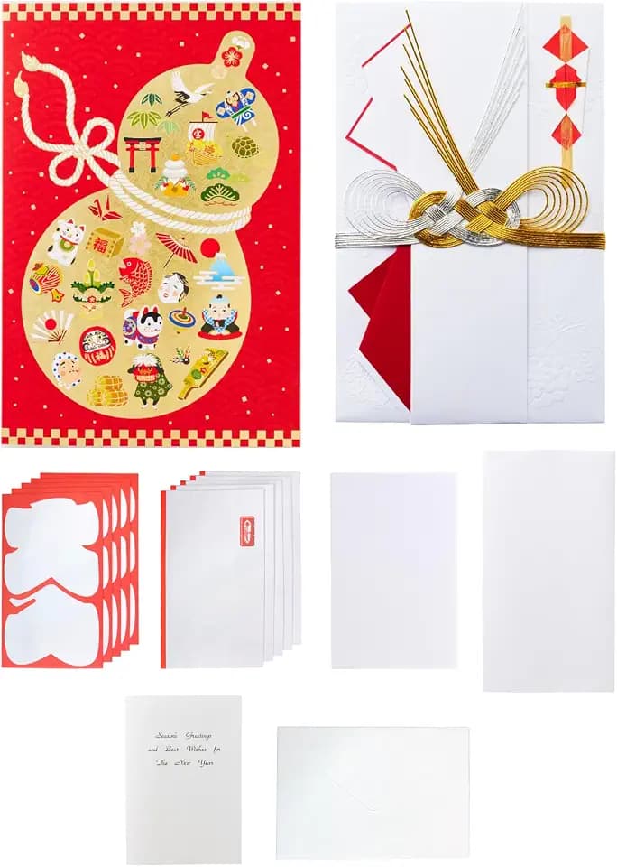 Cocöpro Japanese Greeting Card Set - Lucky Gourd (Good Fortune) - 12 Pcs, Osaka Fold & Iida Mizuhiki