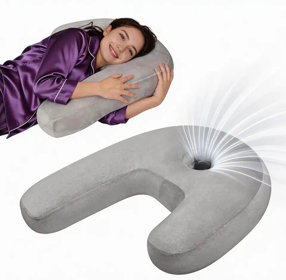 J-Shaped Ear Piercing Pillow, 4" Hole, Ergonomic, White Velvet