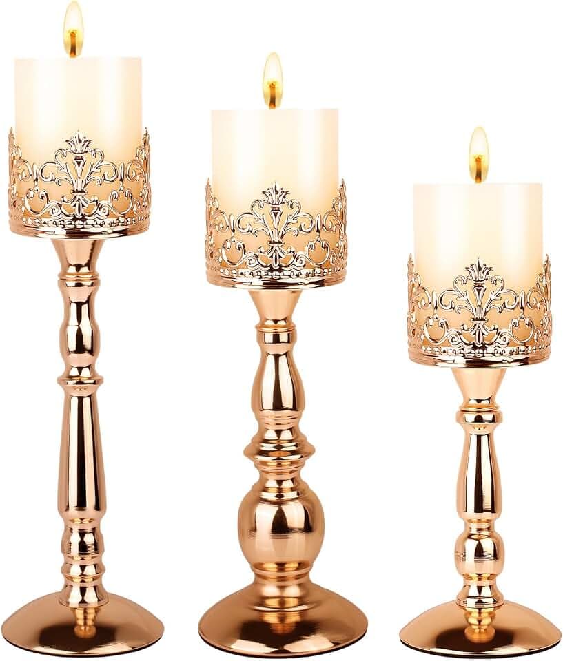 Kerzenhalter für Stumpenkerzen, 3 Stück, goldfarben, Vintage-Stil, hohe Kerzenhalter, dekorativ, groß, Tischdekoration