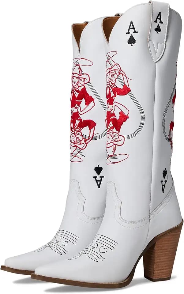 Dingo Womens Ace Of Spades Embroidered Snip Toe Casual Boots Knee High Mid Heel 2-3"