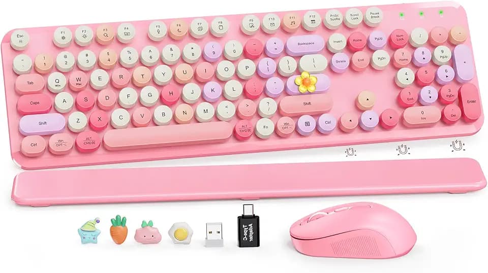 Wireless Keyboard and Mouse Combo, Round Keycaps, Magnetic Wrist Rest, Pink