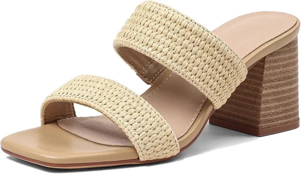 Ancomafio Heeled Sandals for Women Raffia Sandals 2025 Chunky Block Heels Square Open Toe Heels Double Strap Summer Dressy Shoes Slip On
