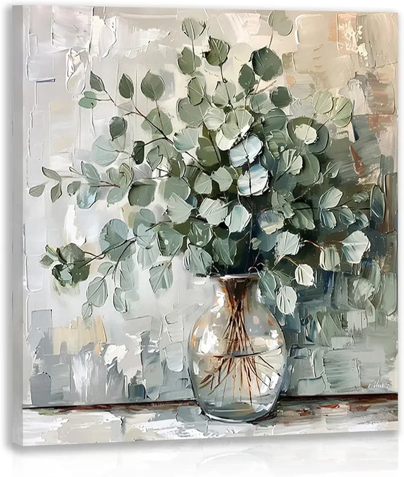 Hianan Wrapped Canvas Farmhouse Sage Eucalyptus Leaf Wall Art 12x12 in