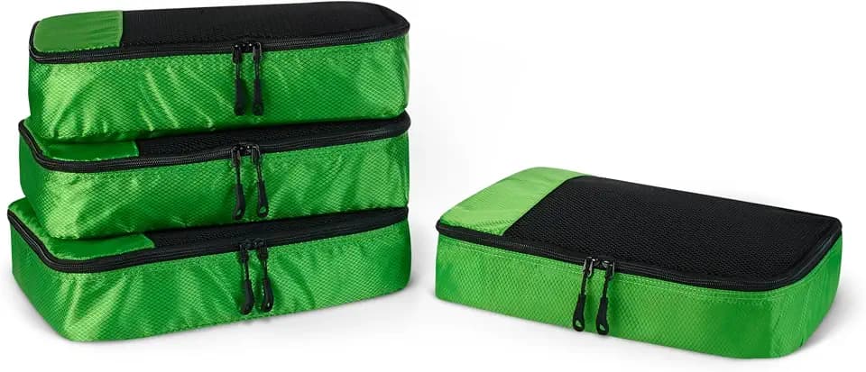 Amazon Essentials 4-teiliges Packwürfel-Reisezubehörset, Gepäckorganizer mit Doppelreißverschluss, Netzoberseite, Polyester, mittelgroß, grün (früher Amazon Basics)