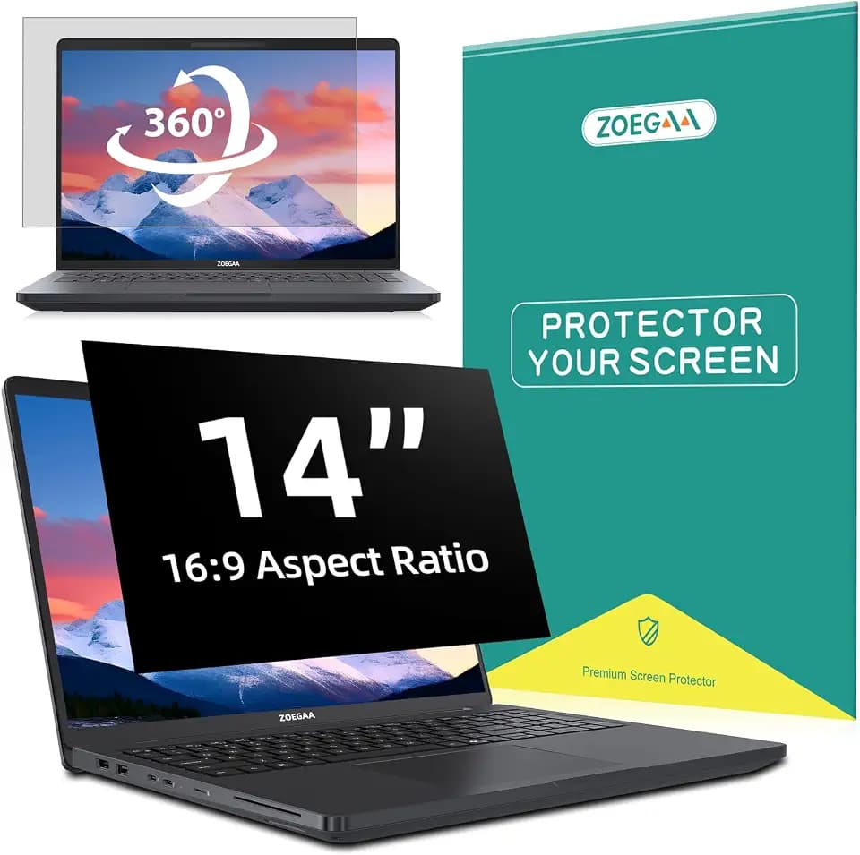 ZOEGAA 4-way 360° Privacy Screen For 14 Inch 16:9 Laptop That Screen Size is 12.2 in Wide and 6.8 in High. Removable Privacy Screen For Laptop Monitor, Anti Glare And Blue Light, Compatible With HP Dell Lenovo Asus Samsung Acer Thinkpad